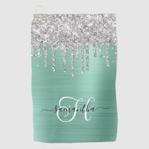 Monogrammed Light Teal Silver Dripping Glitter Golf Towel