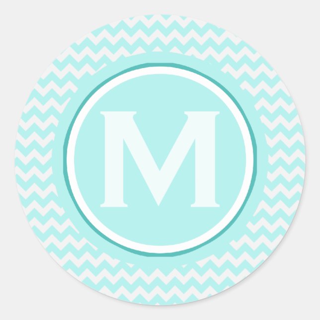 Monogrammed Light Turquoise Zigzag Pattern Classic Round Sticker (Front)
