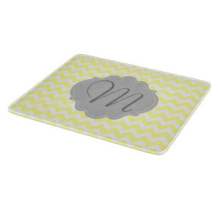 Monogrammed Light Yellow and Grey Chevron Pattern Cutting Board