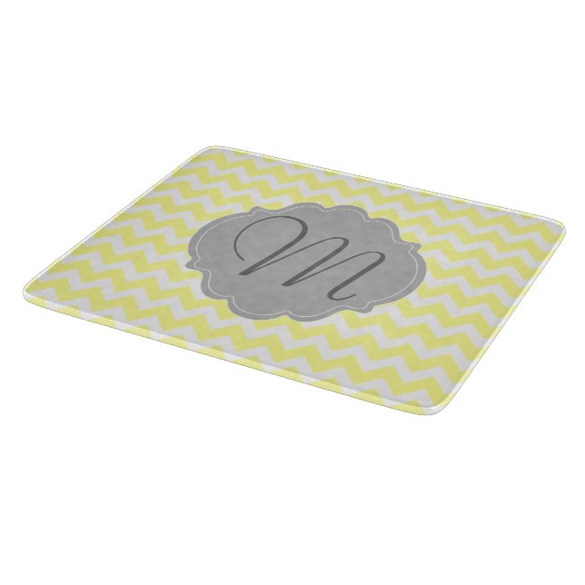 Monogrammed Light Yellow and Grey Chevron Pattern Cutting Board (Corner)