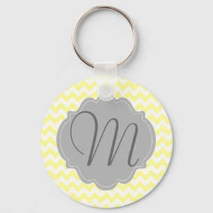Monogrammed Light Yellow and Grey Chevron Pattern Key Ring