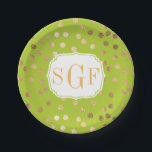 Monogrammed Lime Green and Gold Glitter Dots Paper Plate<br><div class="desc">Modern and on-trend dots of faux gold glitter and a three-letter monogram make these paper party plates the perfect addition to any celebration.</div>