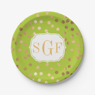 Monogrammed Lime Green and Gold Glitter Dots Paper Plate