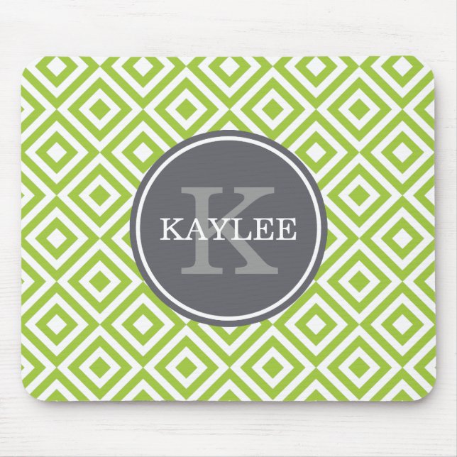 Monogrammed Lime Green Geometric Diamond Pattern Mouse Mat (Front)