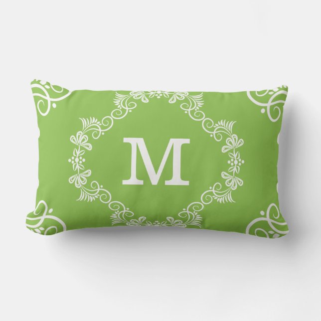 Monogrammed Lime Green White Decorative Lumbar Cushion (Front)