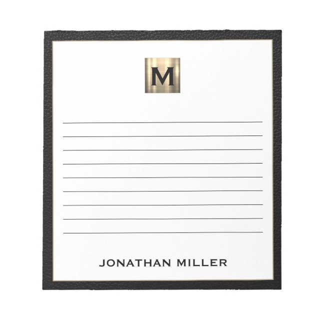 Monogrammed Lined Notepad Black Gold Initial (Front)