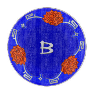 Monogrammed Lotus Blossom - Blue, Red, Silver Cutting Board