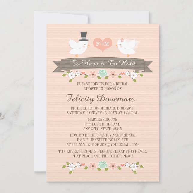 Monogrammed Love Birds Bridal Shower Invitation (Front)
