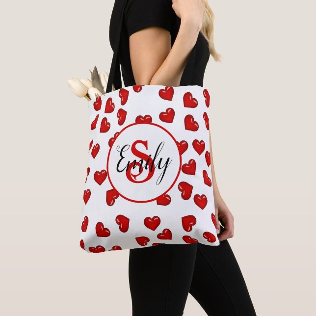 monogrammed love Red heart on white Tote Bag (Close Up)