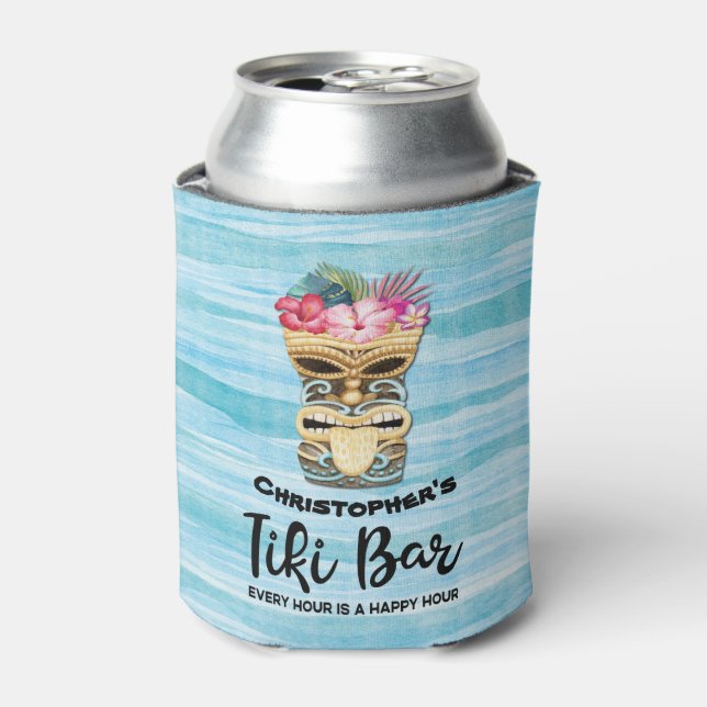 Monogrammed Luau Tiki Bar Party Can Cooler (Can Front)
