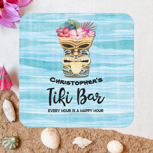 Monogrammed Luau Tiki Bar Party Round Paper Coaster