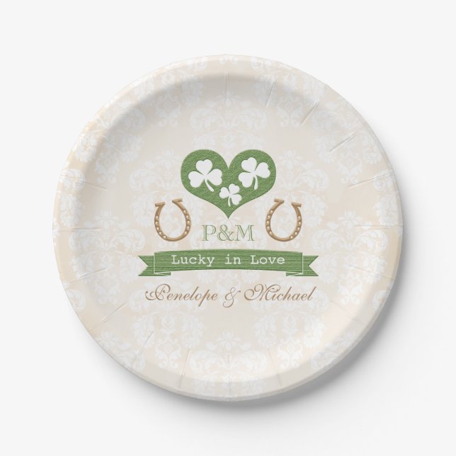 Monogrammed Lucky Horseshoe and Shamrock Wedding Paper Plate (Front)