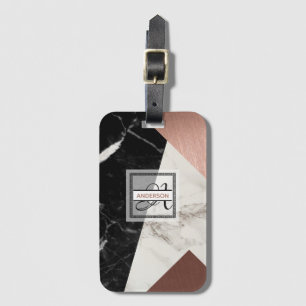 Monogrammed Luggage Tag Marble Rose Gold Geometric