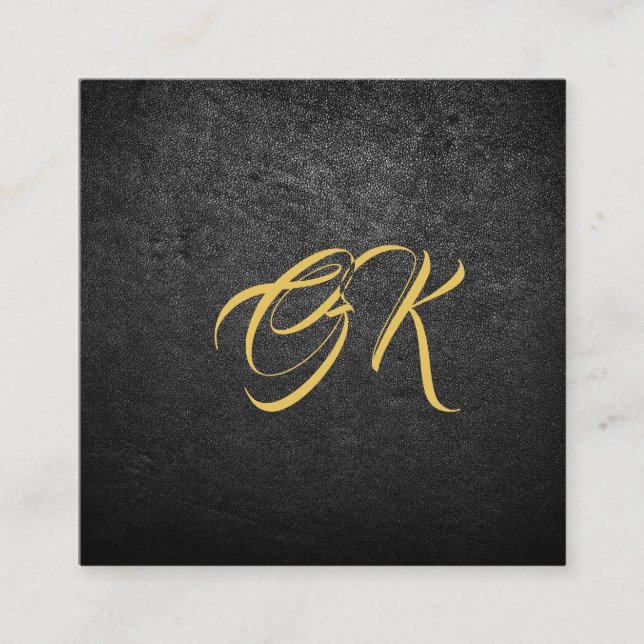 Monogrammed luxury black leather gold metallic square business card (Front)