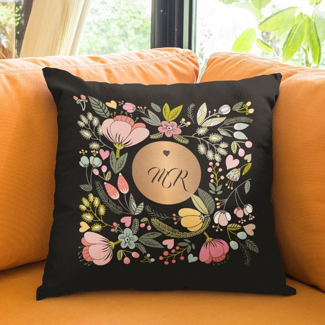 Monogrammed luxury gold floral pink black  cushion (Creator Uploaded)