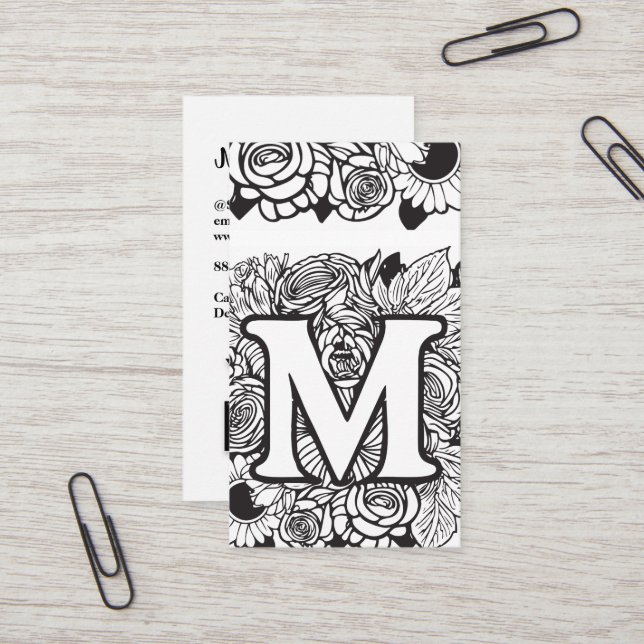 Monogrammed M Floral Black and White Company Logo  Business Card (Front/Back In Situ)