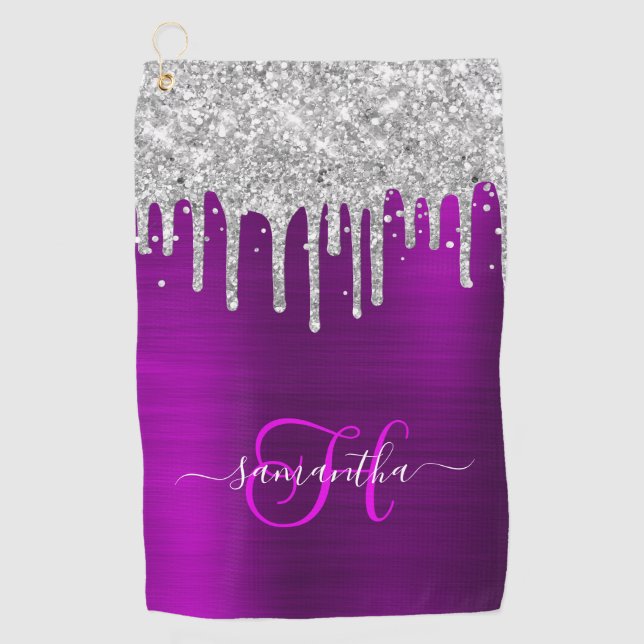Monogrammed Magenta Purple Silver Dripping Glitter Golf Towel (Front)