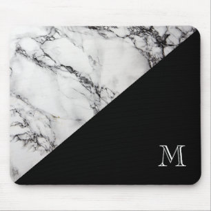 Monogrammed Marble Stone Texture Black And White Mouse Mat