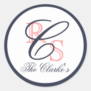 Monogrammed Married Name, Peach, Navy Blue Classic Round Sticker