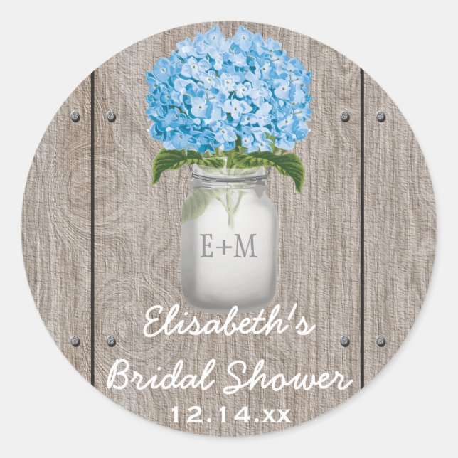 Monogrammed Mason Jar Blue Hydrangea Bridal Shower Classic Round Sticker (Front)