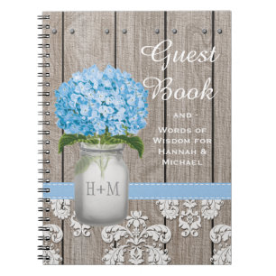 Monogrammed Mason Jar Blue Hydrangea Guest Book