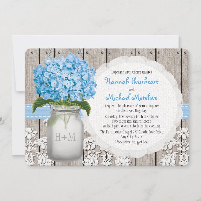 Monogrammed Mason Jar Blue Hydrangea Wedding Invitation (Front)