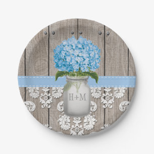 Monogrammed Mason Jar Blue Hydrangea Wedding Paper Plate