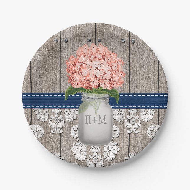 Monogrammed Mason Jar Coral Navy Hydrangea Wedding Paper Plate (Front)