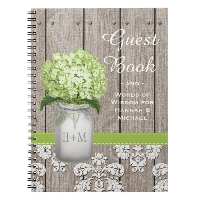 Monogrammed Mason Jar Green Hydrangea Guest Book (Front)
