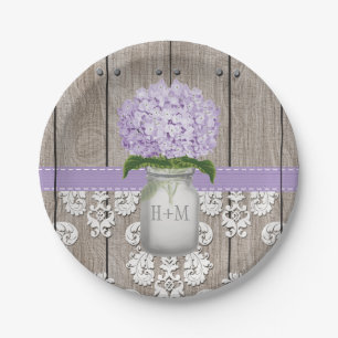 Monogrammed Mason Jar Purple Hydrangea Wedding Paper Plate