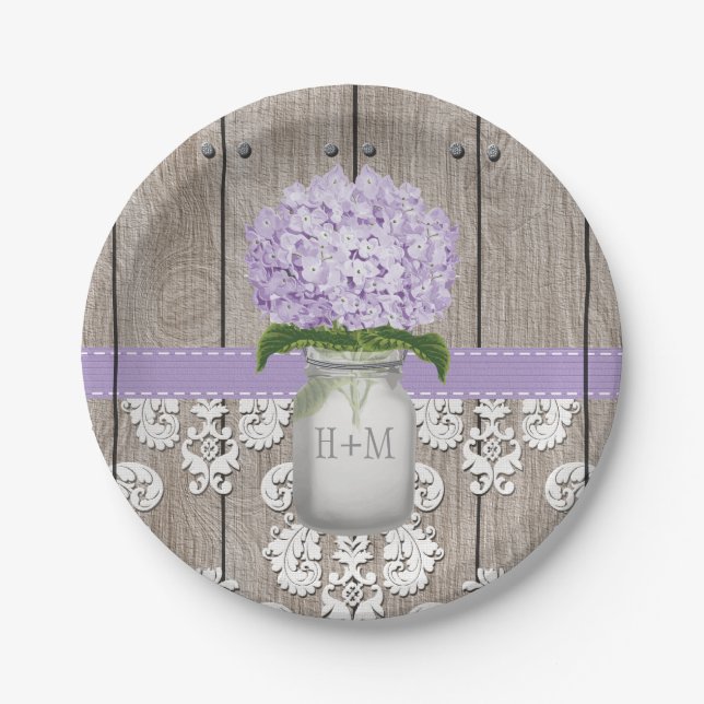 Monogrammed Mason Jar Purple Hydrangea Wedding Paper Plate (Front)