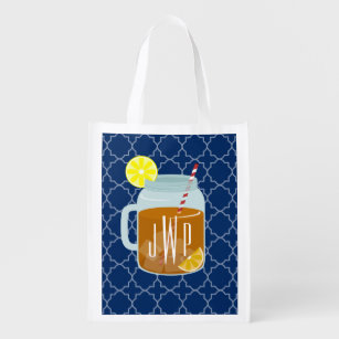 Monogrammed Mason Jar Sweet Tea - Navy Quatrefoil Reusable Grocery Bag