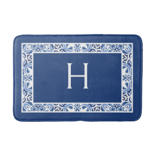 Monogrammed Mediterranean Watercolor Tile Bath Mat