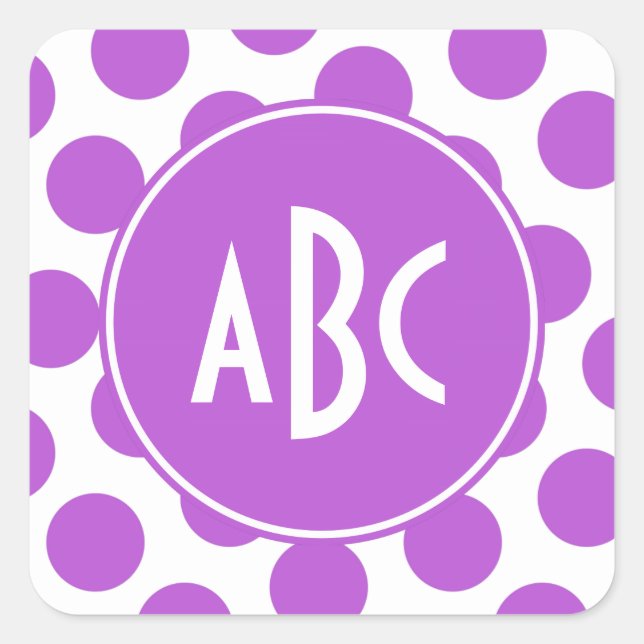 Monogrammed Medium Orchid Polka Dots Square Sticker (Front)