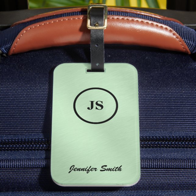 Monogrammed Melon Green Brushed Steel Luggage Tag (Front Insitu 2)