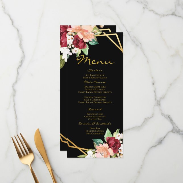 Monogrammed Menu Black Gold Floral Wedding (Front/Back In Situ)