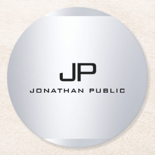Monogrammed Metallic Faux Silver Template Elegant Round Paper Coaster
