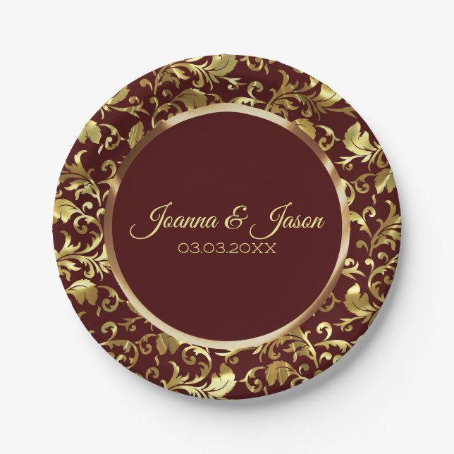 Monogrammed Metallic Gold Damask And Brown Circle Paper Plate (Front)