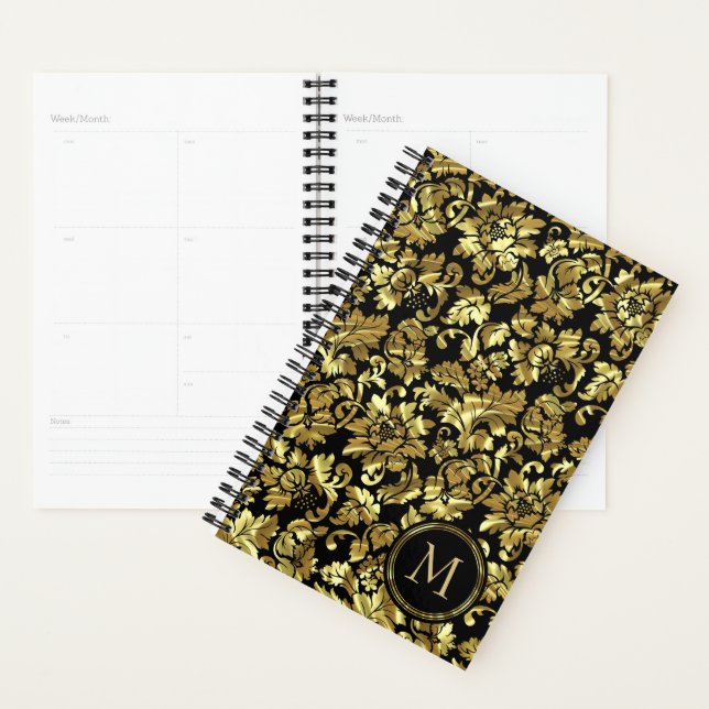 Monogrammed Metallic Gold Damask Pattern Planner (Display)