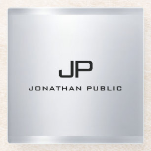 Monogrammed Metallic Silver Look Template Elegant Glass Coaster