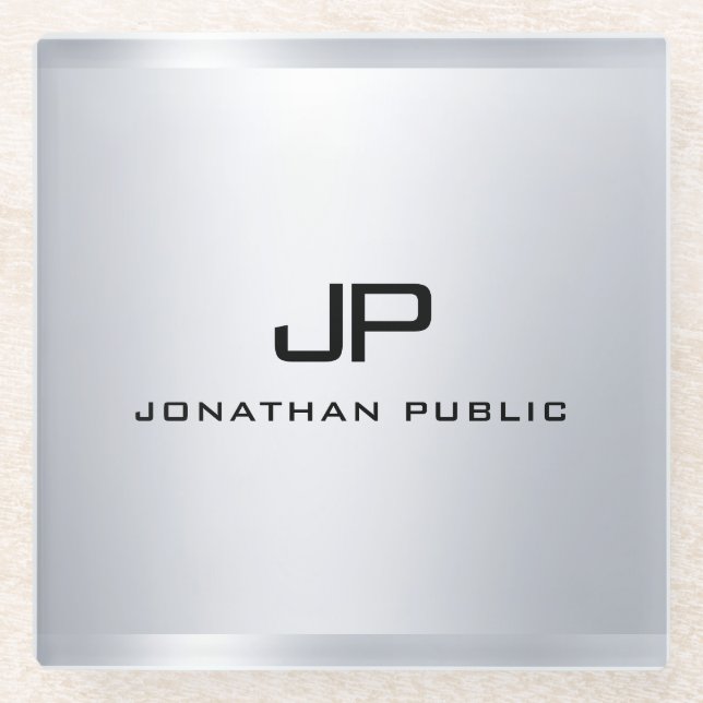 Monogrammed Metallic Silver Look Template Elegant Glass Coaster (Front)