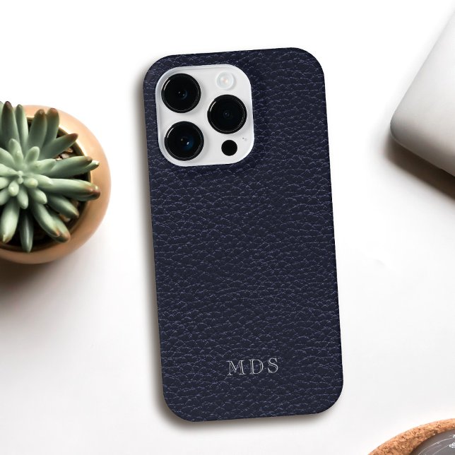 Monogrammed Midnight Blue Faux Leather Look Case-Mate iPhone Case (A faux and fabulous deep midnight blue leather look phone case with space for your initials)