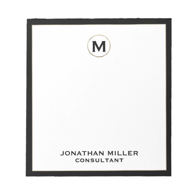 Monogrammed Minimalist Black and Gold Notepad (Front)
