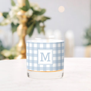 Monogrammed Minimalist Blue Gingham Plaid Pattern Whiskey Glass