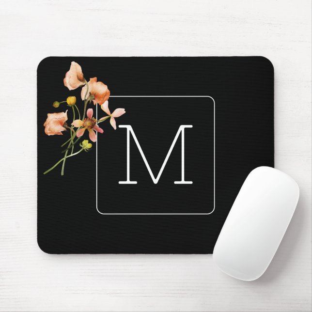 Monogrammed Minimalist Floral black Mouse Mat (With Mouse)