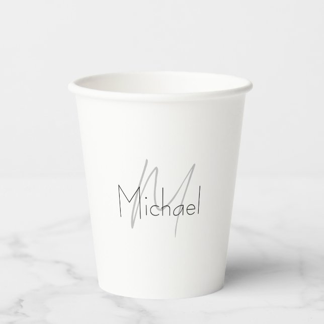 Monogrammed Minimalist Plain Modern Name Paper Cups (Front)