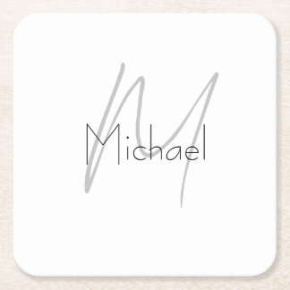 Monogrammed Minimalist Plain Modern Name Square Paper Coaster
