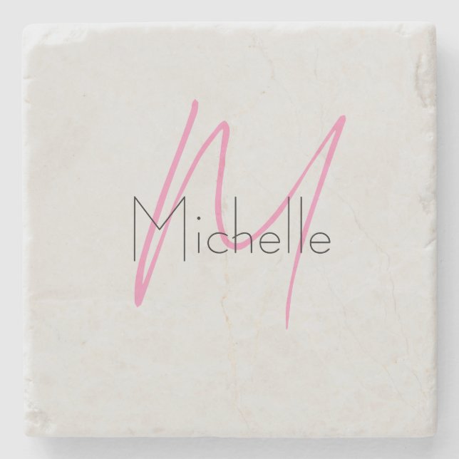 Monogrammed Minimalist Plain Modern Name Stone Coaster (Front)