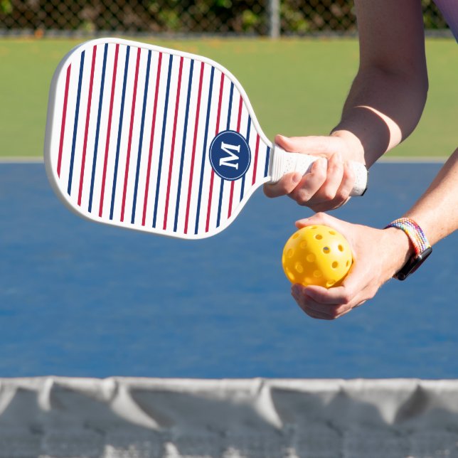 Monogrammed Minimalist Red and Blue Stripes Modern Pickleball Paddle (Insitu)