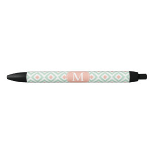 Monogrammed Mint and Coral Diamonds Ikat Pattern Black Ink Pen